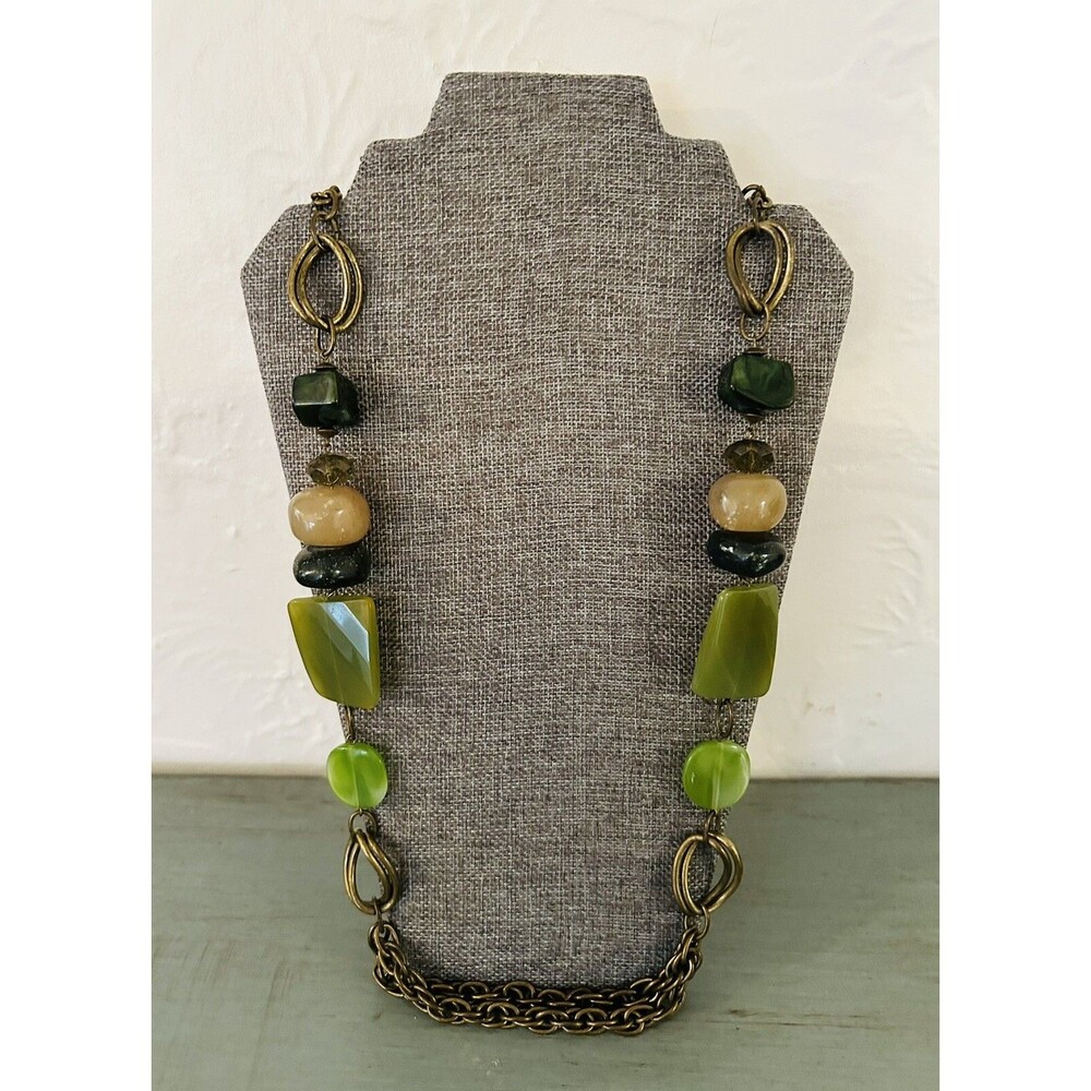 Vintage Avon Colorful Green Art Glass Beaded Brass Chain Necklace 70s Gypsy